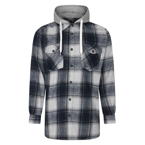 Grey and black checked hooded flannel shirt front flat view.